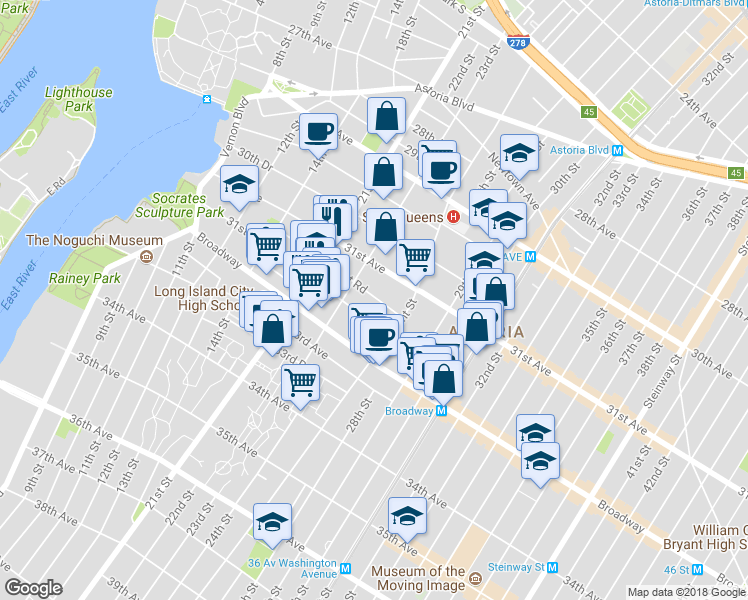map of restaurants, bars, coffee shops, grocery stores, and more near 31-41 23rd Street in Queens