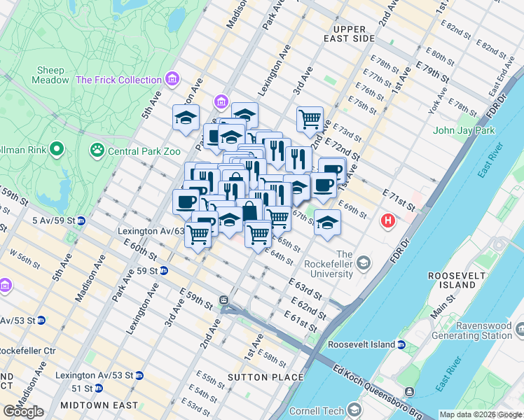 map of restaurants, bars, coffee shops, grocery stores, and more near 221 East 66th Street in New York