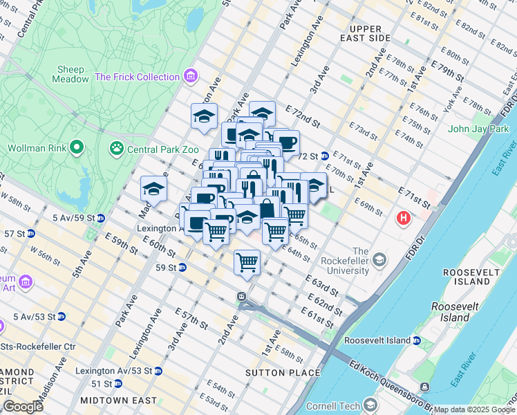 map of restaurants, bars, coffee shops, grocery stores, and more near 200-210 East 65th Street in New York