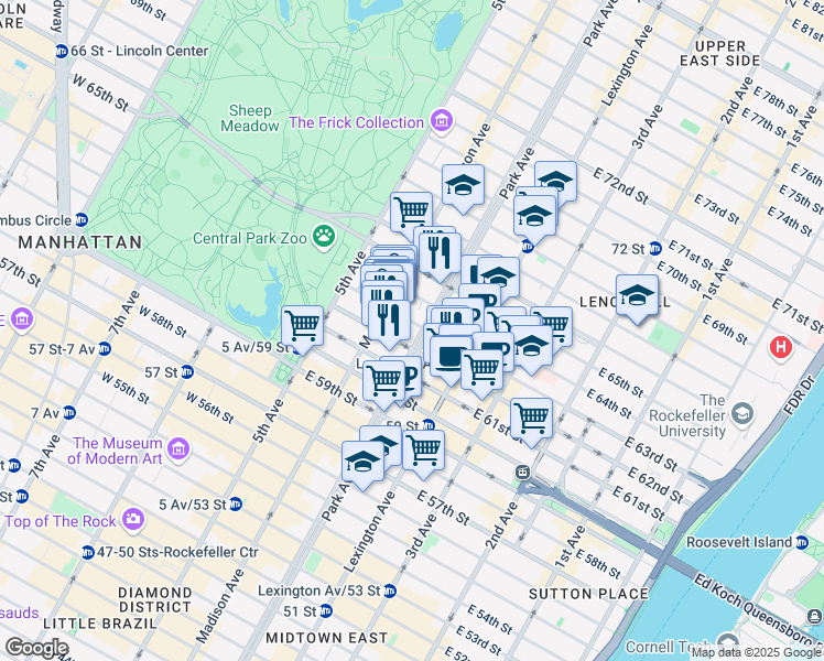 map of restaurants, bars, coffee shops, grocery stores, and more near 100 East 63rd Street in New York