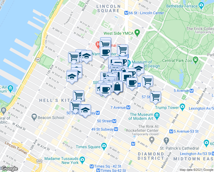 map of restaurants, bars, coffee shops, grocery stores, and more near 304 West 55th Street in New York
