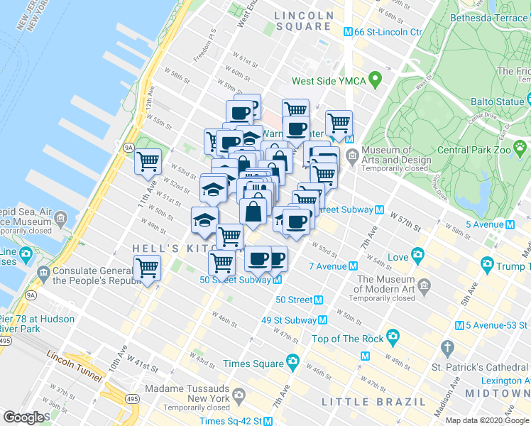 map of restaurants, bars, coffee shops, grocery stores, and more near in New York