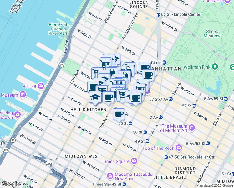 map of restaurants, bars, coffee shops, grocery stores, and more near in New York