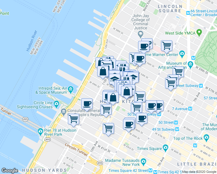map of restaurants, bars, coffee shops, grocery stores, and more near 533 West 50th Street in New York