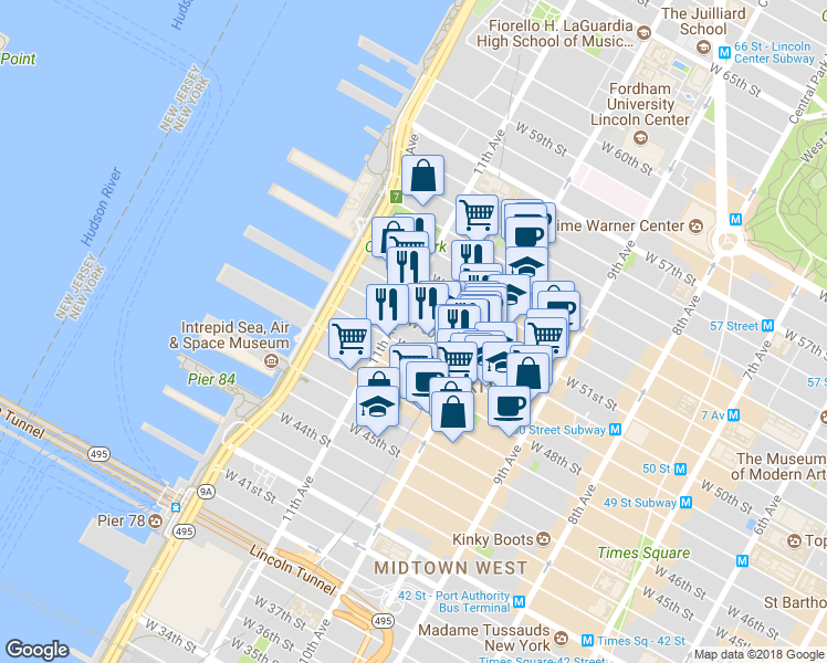 map of restaurants, bars, coffee shops, grocery stores, and more near 533 West 50th Street in New York
