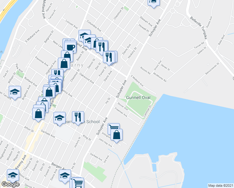 map of restaurants, bars, coffee shops, grocery stores, and more near 500 Schuyler Avenue in Kearny