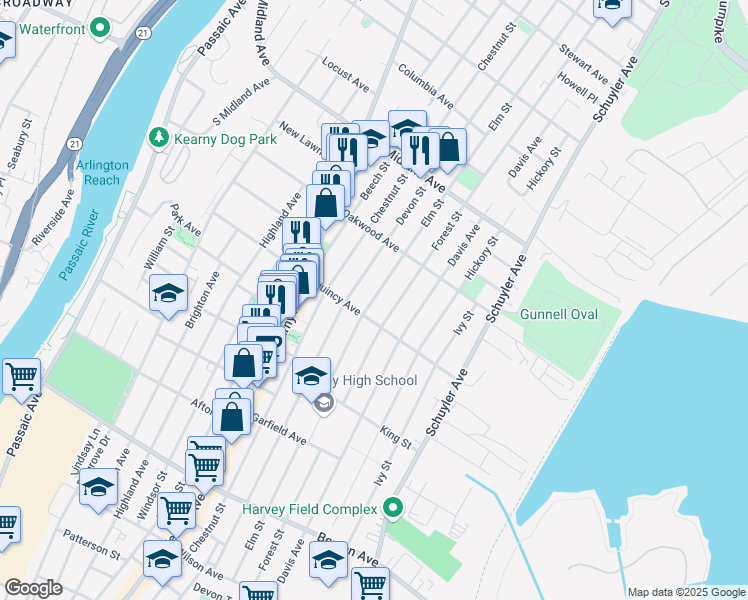 map of restaurants, bars, coffee shops, grocery stores, and more near 333 Elm Street in Kearny