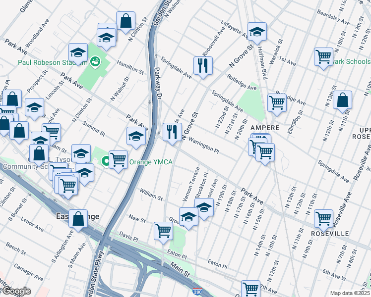 map of restaurants, bars, coffee shops, grocery stores, and more near 286 North Grove Street in East Orange