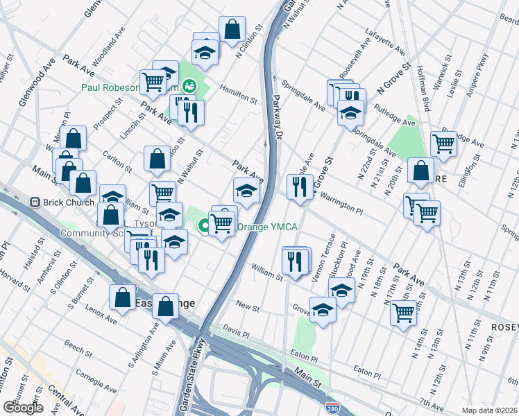 map of restaurants, bars, coffee shops, grocery stores, and more near 233 Parkway Drive in East Orange