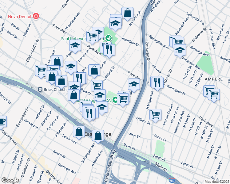 map of restaurants, bars, coffee shops, grocery stores, and more near 139 North Arlington Avenue in East Orange