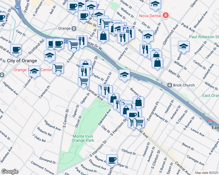 map of restaurants, bars, coffee shops, grocery stores, and more near 162 Central Place in City of Orange