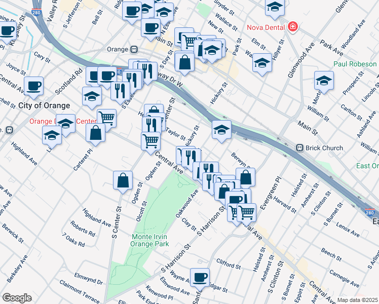map of restaurants, bars, coffee shops, grocery stores, and more near 154 Chapman Street in City of Orange