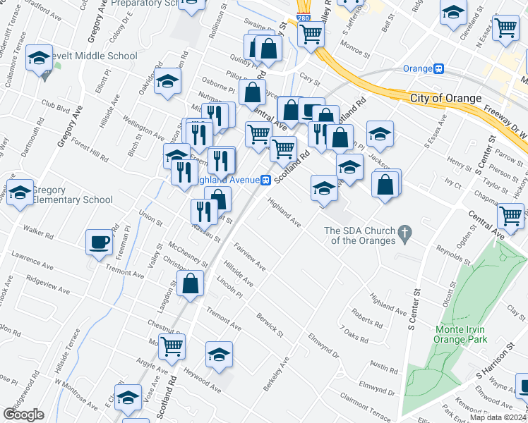 map of restaurants, bars, coffee shops, grocery stores, and more near in City of Orange