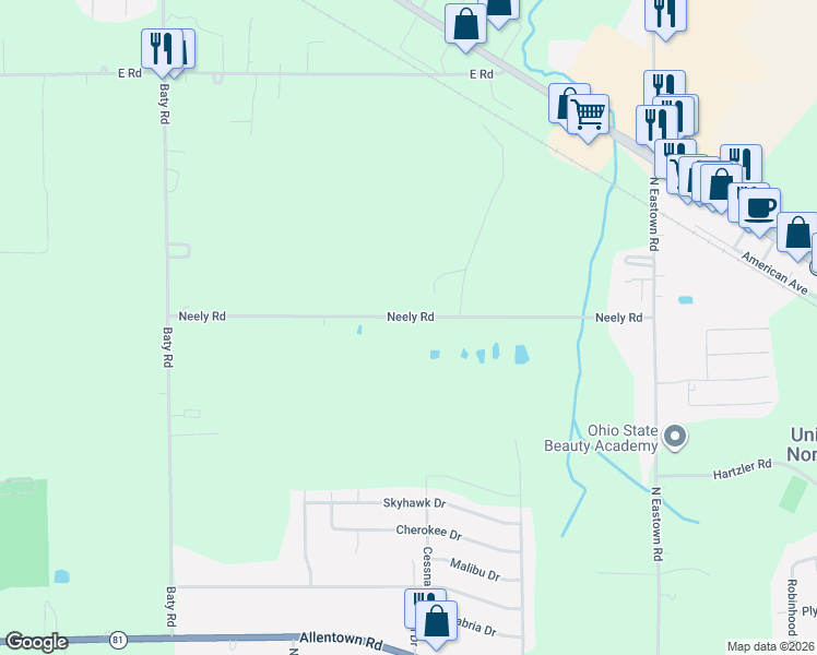 map of restaurants, bars, coffee shops, grocery stores, and more near 4019 Neely Road in Elida