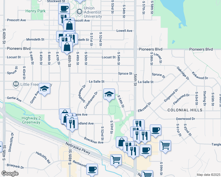 map of restaurants, bars, coffee shops, grocery stores, and more near 5201-5299 La Salle Street in Lincoln