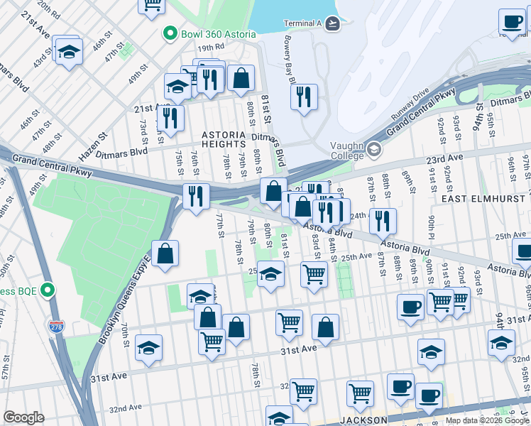 map of restaurants, bars, coffee shops, grocery stores, and more near Astoria Boulevard in Queens