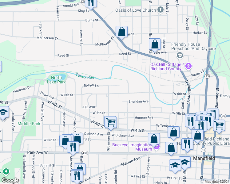 map of restaurants, bars, coffee shops, grocery stores, and more near 348 West 6th Street in Mansfield