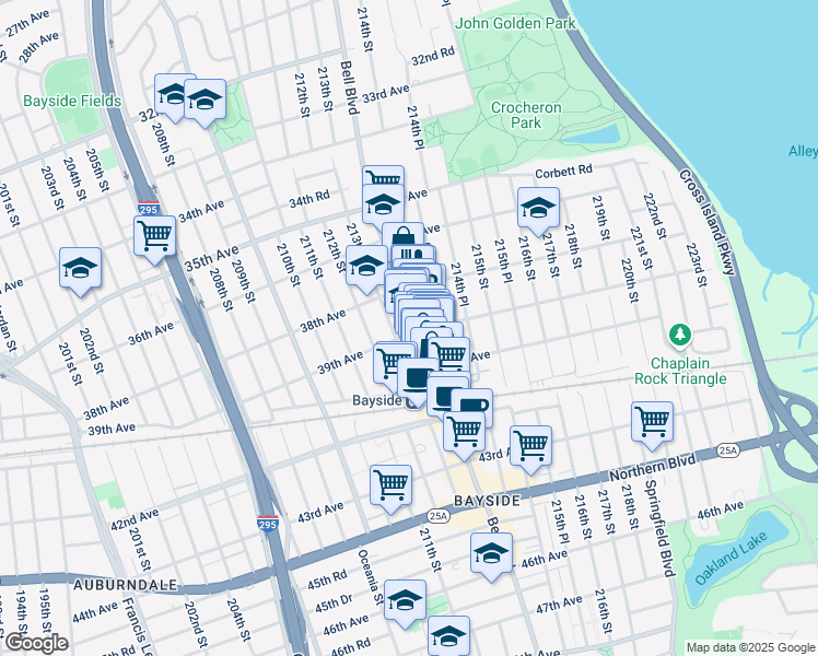 map of restaurants, bars, coffee shops, grocery stores, and more near 213-37 39th Avenue in Queens