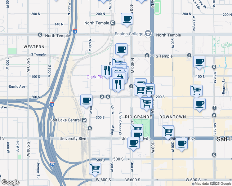 map of restaurants, bars, coffee shops, grocery stores, and more near 178 South Rio Grande Street in Salt Lake City