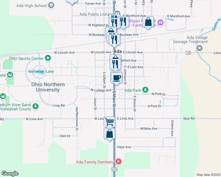 map of restaurants, bars, coffee shops, grocery stores, and more near 525 South Main Street in Ada