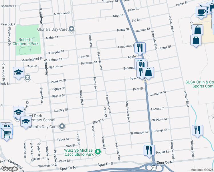 map of restaurants, bars, coffee shops, grocery stores, and more near 507 Freeman Avenue in Brentwood
