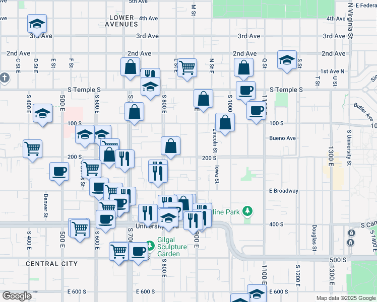 map of restaurants, bars, coffee shops, grocery stores, and more near 174 South 900 East in Salt Lake City
