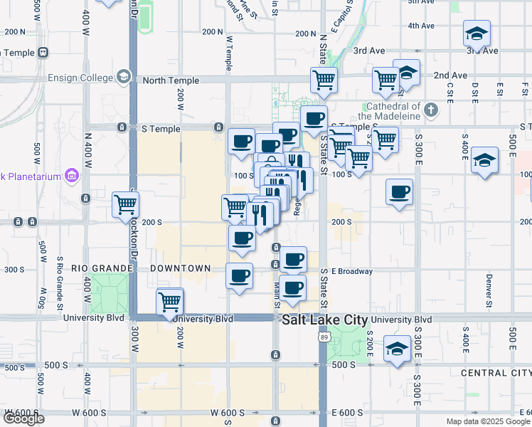 map of restaurants, bars, coffee shops, grocery stores, and more near 176 South Main Street in Salt Lake City