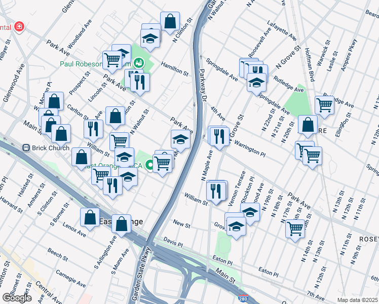 map of restaurants, bars, coffee shops, grocery stores, and more near 233 Parkway Drive in East Orange