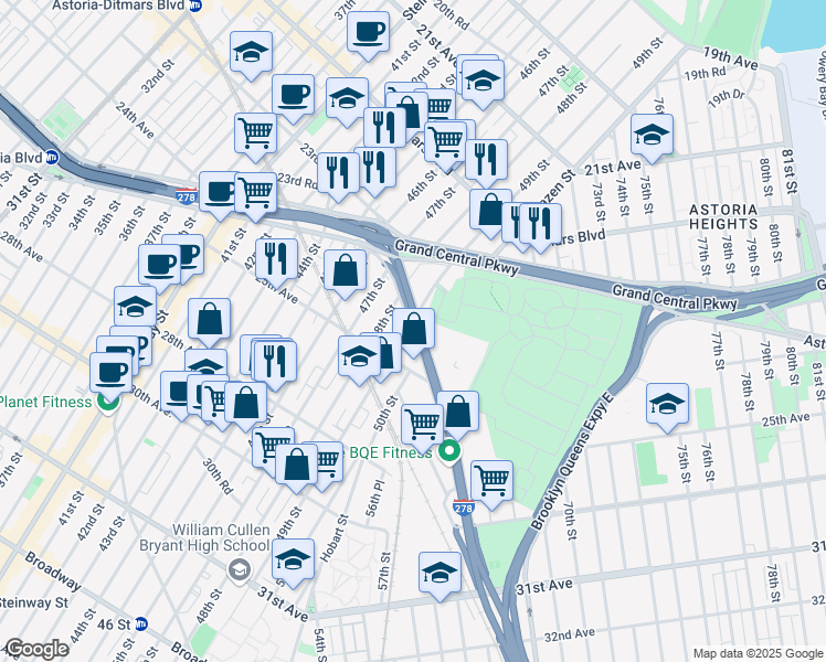map of restaurants, bars, coffee shops, grocery stores, and more near 24-30 Brooklyn Queens Expressway West in Queens