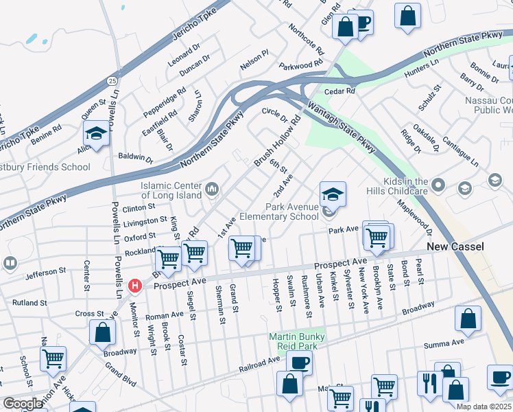 map of restaurants, bars, coffee shops, grocery stores, and more near 21 2nd Avenue in Westbury