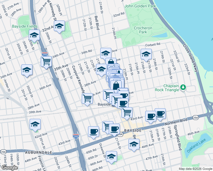 map of restaurants, bars, coffee shops, grocery stores, and more near 38-36 213th Street in Queens