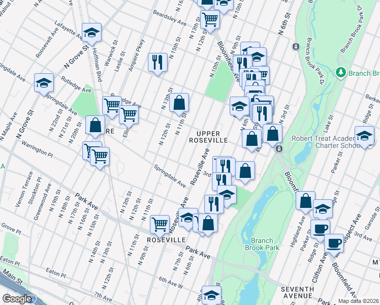 map of restaurants, bars, coffee shops, grocery stores, and more near 32 Peck Avenue in Newark