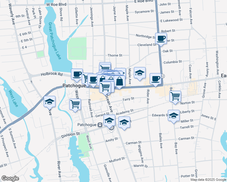 map of restaurants, bars, coffee shops, grocery stores, and more near 46 East Main Street in Patchogue