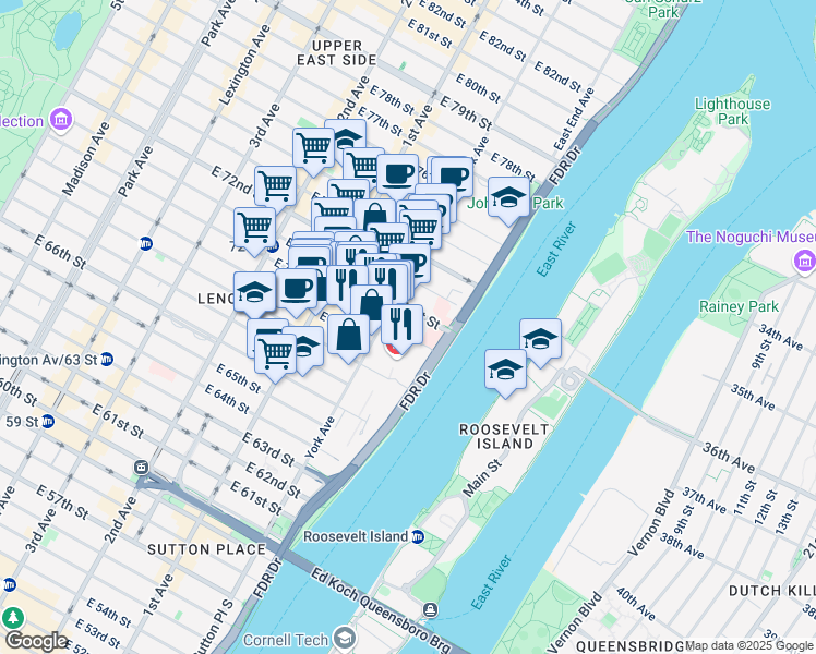 map of restaurants, bars, coffee shops, grocery stores, and more near 518 East 71st Street in New York