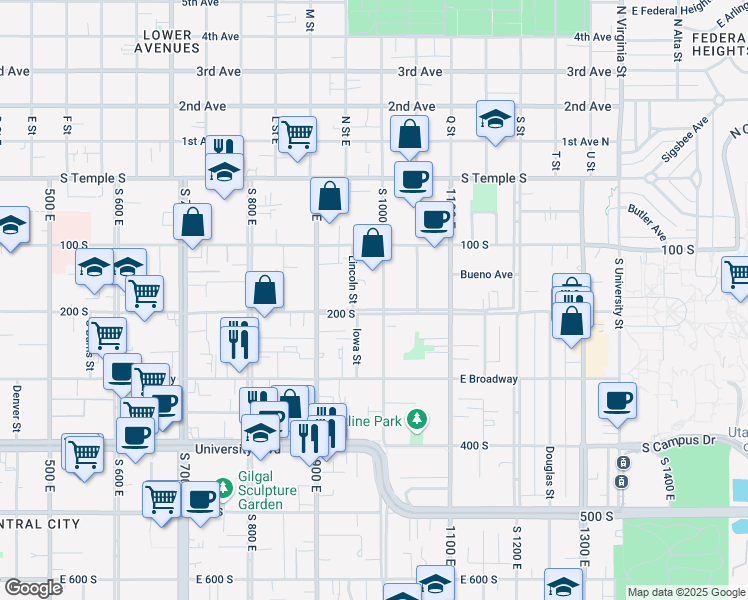 map of restaurants, bars, coffee shops, grocery stores, and more near 170 South 1000 East in Salt Lake City