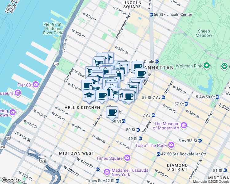 map of restaurants, bars, coffee shops, grocery stores, and more near in New York