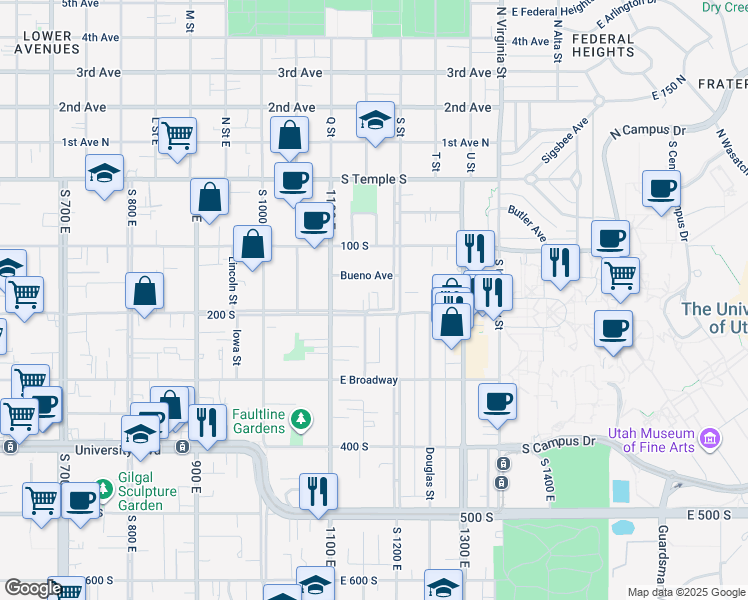map of restaurants, bars, coffee shops, grocery stores, and more near 1155 East 200 South in Salt Lake City