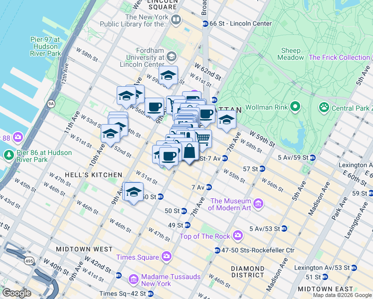 map of restaurants, bars, coffee shops, grocery stores, and more near 8th Ave & W 55th St in New York
