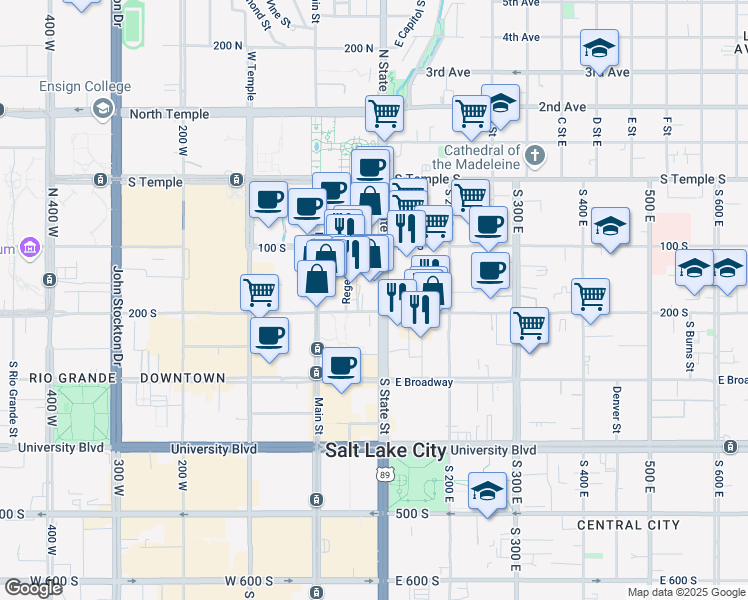 map of restaurants, bars, coffee shops, grocery stores, and more near 89 East 200 South in Salt Lake City