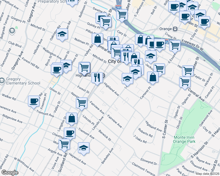 map of restaurants, bars, coffee shops, grocery stores, and more near 463 Highland Avenue in City of Orange