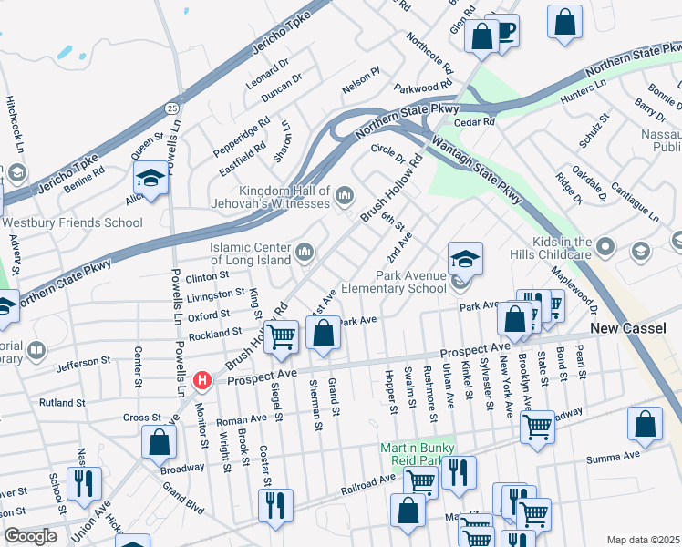 map of restaurants, bars, coffee shops, grocery stores, and more near 7 2nd Street in Westbury