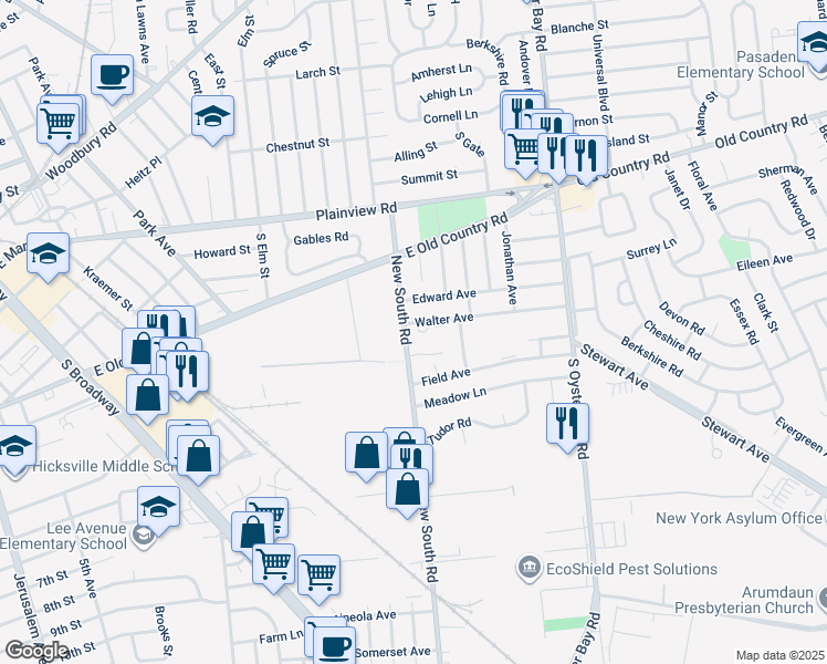 map of restaurants, bars, coffee shops, grocery stores, and more near 69 Walter Avenue in Hicksville