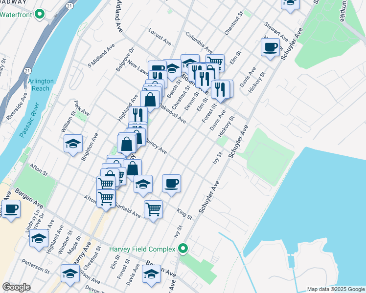 map of restaurants, bars, coffee shops, grocery stores, and more near 347 Forest Street in Kearny