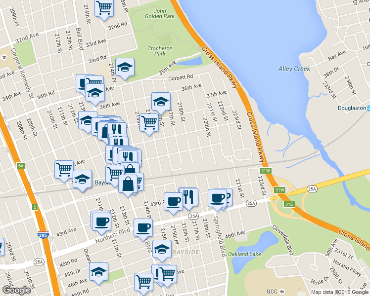 map of restaurants, bars, coffee shops, grocery stores, and more near 217-11 40th Avenue in Queens