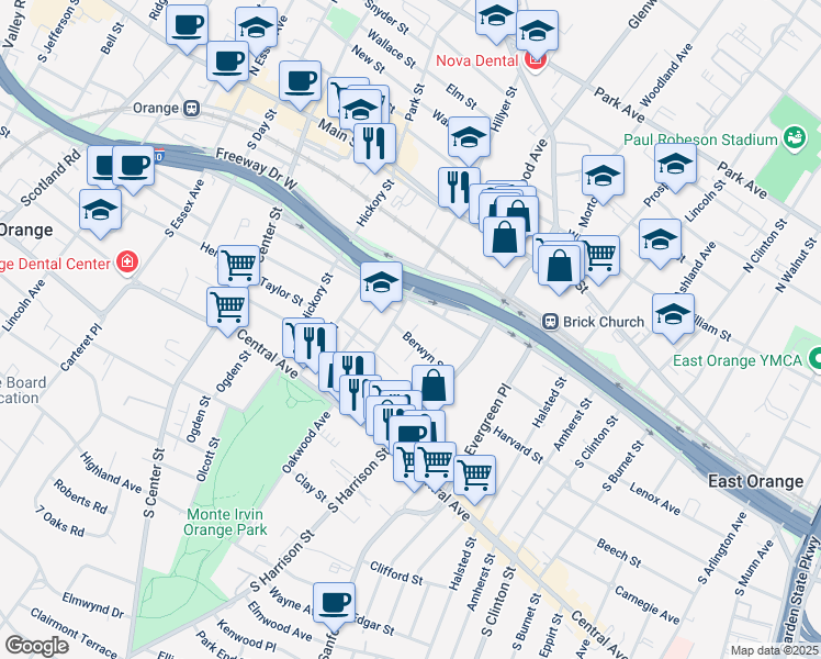 map of restaurants, bars, coffee shops, grocery stores, and more near 47 Berwyn Street in City of Orange