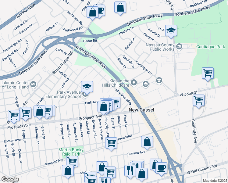 map of restaurants, bars, coffee shops, grocery stores, and more near 9 Floral Lane in Westbury