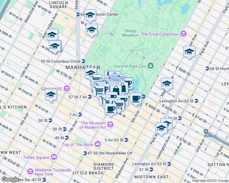 map of restaurants, bars, coffee shops, grocery stores, and more near 105 West 58th Street in New York
