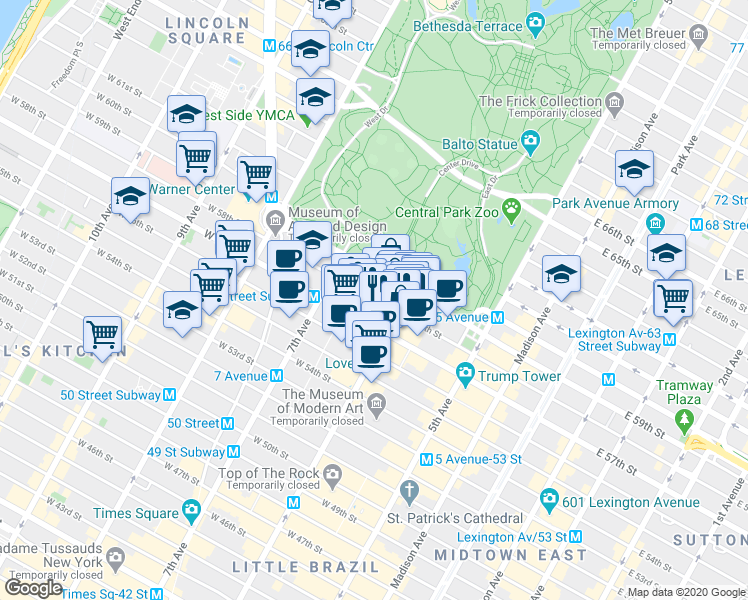 map of restaurants, bars, coffee shops, grocery stores, and more near 127 West 58th Street in New York