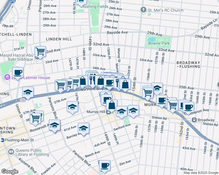 map of restaurants, bars, coffee shops, grocery stores, and more near 150-03 Northern Boulevard in Queens