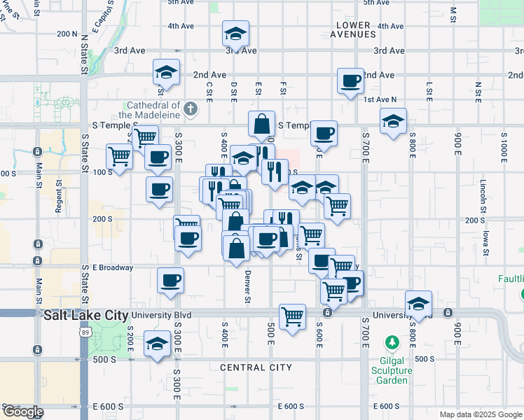 map of restaurants, bars, coffee shops, grocery stores, and more near 475 East 200 South in Salt Lake City